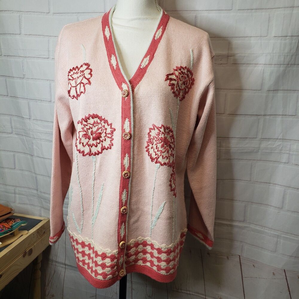 Vintage Storybook Knits Pink Floral Cardigan Sweater L Grandmacore Cottagecore